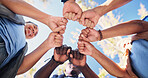 Nature, circle and people with fist bump for solidarity, support and trust in non profit organization. Bonding, low angle and group of volunteers with fingers together for connection in ngo at park.