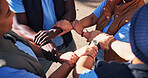 Nature, circle and people holding arms for support, solidarity and trust in non profit organization. Bonding, team building and group of volunteers with hands together for connection in ngo at park