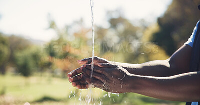Buy stock photo Safety, water and man washing hands outdoor for hygiene, sanitation and grooming with self care. Wellness, health and person cleaning skin for removal of dirt, germs or bacteria in countryside.