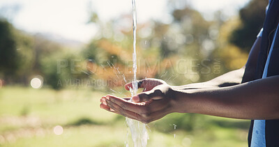 Buy stock photo Nature, water and man washing hands outdoor for hygiene, sanitation and grooming with self care. Wellness, health and person cleaning skin for removal of dirt, germs or bacteria in countryside.