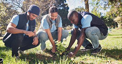 Buy stock photo People, volunteer and gardening at park with plants, growth and earth day for community outreach. Smile, team and soil in nature with leaves, social responsibility and botany for conservation project