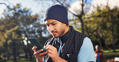 Buy stock photo Confused, man and volunteer at park with phone, wrong location and distribution error for charity. Unsure, male person and mobile in nature for outreach, incorrect donation and website glitch for ngo