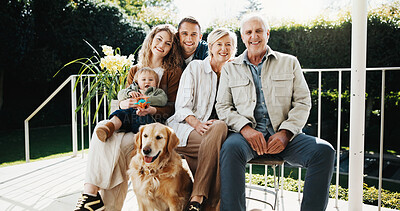 Buy stock photo Patio, portrait and grandparents, parents and child for bonding, holiday or family weekend. Backyard, generations and old people with happy mom, dad and kid for love, relax or smile with dog at house