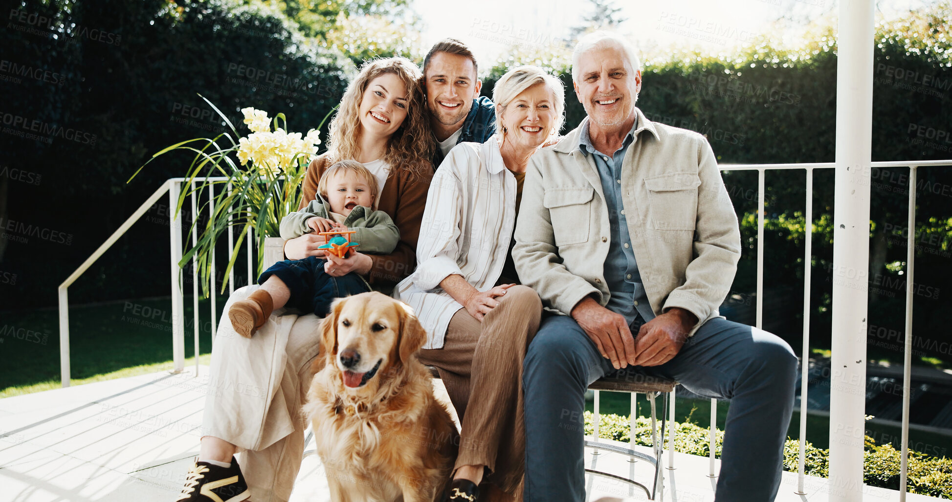 Buy stock photo Patio, portrait and grandparents, parents and child for bonding, holiday or family weekend. Backyard, generations and old people with happy mom, dad and kid for love, relax or smile with dog at house