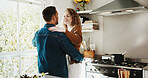 Happy, dance and cooking with couple in kitchen for romance, support and connection. Love, energy and lunch prep with man and woman in home for marriage commitment, music and movement together