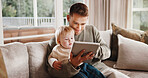 Father, boy and smile with tablet on sofa for elearning video, bonding and relax in living room. Man, dad and child with tech, movies and streaming subscription with funny cartoon in family house