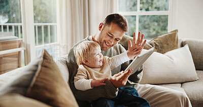 Buy stock photo Dad, baby and high five with tablet on sofa for elearning video, bonding or smile in living room. Man, father and child with tech, movies and streaming subscription with funny cartoon in family house