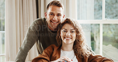 Buy stock photo Hug, happy and portrait of couple on sofa in home for bonding, love and connection in marriage. Smile, care and man embracing woman in living room for commitment, relax or safety in apartment.