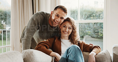 Buy stock photo Hug, smile and portrait of couple on sofa in home for bonding, love and connection in marriage. Happy, care and man embracing woman in living room for commitment, relax or safety in apartment.