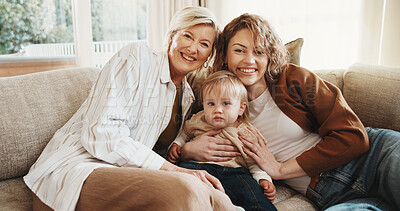 Buy stock photo Portrait, mom and grandma with baby on sofa for bonding, connection and happy relationship on weekend. Home, generations and senior woman, mother and child for love, trust and affection for care