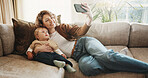 Selfie, happy and mother with child on sofa in home for memory, bonding and social media post. Smile, relax and mom with boy toddler for photography picture together in living room at apartment.