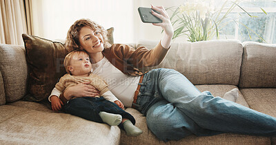 Buy stock photo Selfie, happy and mother with child on sofa in home for memory, bonding and social media post. Smile, relax and mom with boy toddler for photography picture together in living room at apartment.