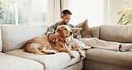 Weekend, tablet and man with dog on sofa for bonding, break and connection for internet search. Home, happy and person with tech, social media and Labrador for love, relax and website for pet info