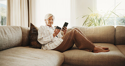 Buy stock photo Phone, sofa and senior woman with credit card, online shopping and digital purchase on website. Retirement, home and happy person with bank info for payment, checkout and subscription for ecommerce