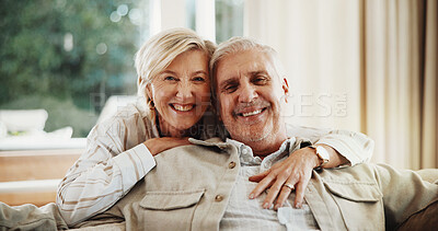 Buy stock photo Hug, love and portrait of couple on sofa in home for bonding, happiness and connection in marriage. Smile, care and mature woman embracing man in living room for commitment, relax or safety in house.