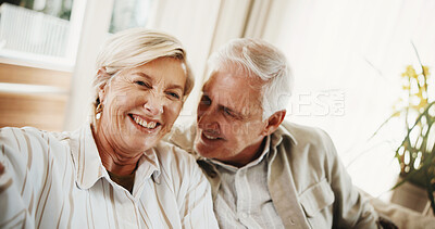 Buy stock photo Selfie, happy and portrait of couple on sofa in home for bonding, love and connection in marriage. Smile, care and man embracing woman in living room for photography picture for memory in house.