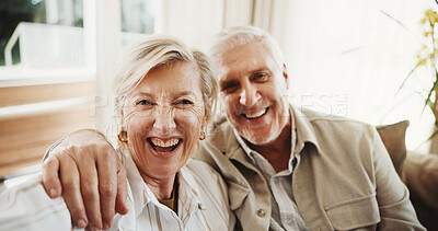 Buy stock photo Selfie, smile and portrait of couple on sofa in home for bonding, love and connection in marriage. Happy, care and man embracing woman in living room for photography picture for memory in house.