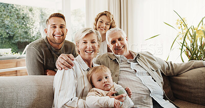 Buy stock photo Portrait, family and grandparents with baby on sofa for bonding, relax and connection for visit. Happy, generations and mom, dad and senior parents with child for love, care and relationship in home