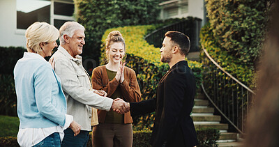 Buy stock photo Senior, couple and meeting parents with handshake for introduction, visit or greeting on property. Elderly, adult daughter and shaking hands with man for family welcome, setup or encounter together