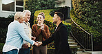 Elderly, couple and meeting parents with handshake for introduction, visit or greeting on property. Senior, adult daughter and shaking hands with man for family welcome, setup or encounter together
