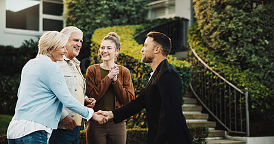 Buy stock photo Elderly, couple and meeting parents with handshake for introduction, visit or greeting on property. Senior, adult daughter and shaking hands with man for family welcome, setup or encounter together