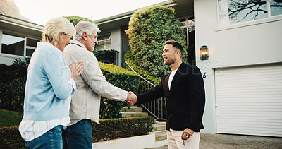 Buy stock photo Elderly, couple or handshake with realtor for retirement home, deal or agreement together on property. Senior, woman or man shaking hands with real estate agent for building negotiation or house sale