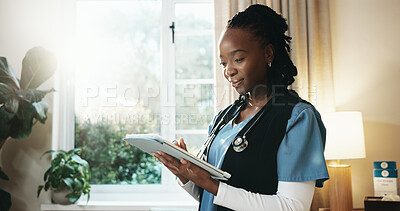 Buy stock photo Tablet, doctor and black woman in office with research, internet or AI for healthcare management. Worker, person and scroll with tech innovation for admin tasks, planning or medical records in clinic