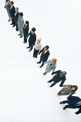 Buy stock photo Business, studio and people holding hands in row for hiring process above on a white background. Top view, group or employees in line for recruitment, job opportunity or onboarding together on space