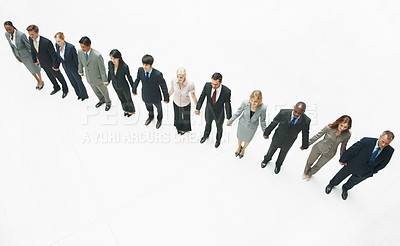 Buy stock photo Business, studio and people holding hands in line for hiring process above on a white background. Top view, group or employees in row for recruitment, job opportunity or onboarding together on space