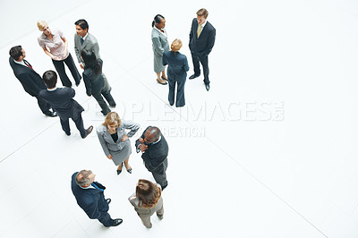 Buy stock photo Meeting, conference and space with business people at office for networking, communication and team. Corporate seminar, collaboration and discussion with above of employees in lobby for workshop