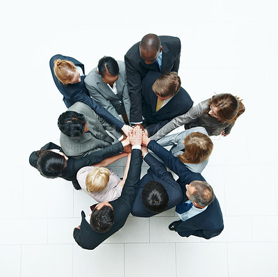 Buy stock photo Business, people and huddle in office with hands together, diversity and synergy for collaboration. Above, team and solidarity in workplace with corporate goals, support and cooperation for company.