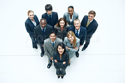 Buy stock photo Portrait, team or studio with business people in huddle for job opportunity on a white background. Top view, corporate group or employees with smile or confidence for onboarding career or development