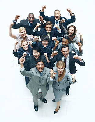 Buy stock photo Portrait, cheering and excited business people in office with smile, achievement or success for profit. Above, happy team and celebration in workplace with corporate deal, revenue growth or milestone