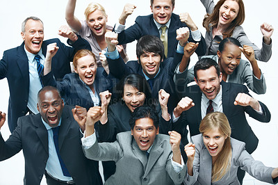 Buy stock photo Happy, portrait and business people with fist pump in studio for winning on a white background. Excited, group or employees with smile together for achievement, team promotion or corporate success