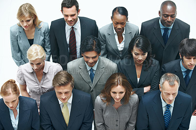 Buy stock photo Meeting, crowd and business people waiting in studio for job opportunity on a white background. Top view, corporate group or employees in gathering for recruitment process, hiring or onboarding