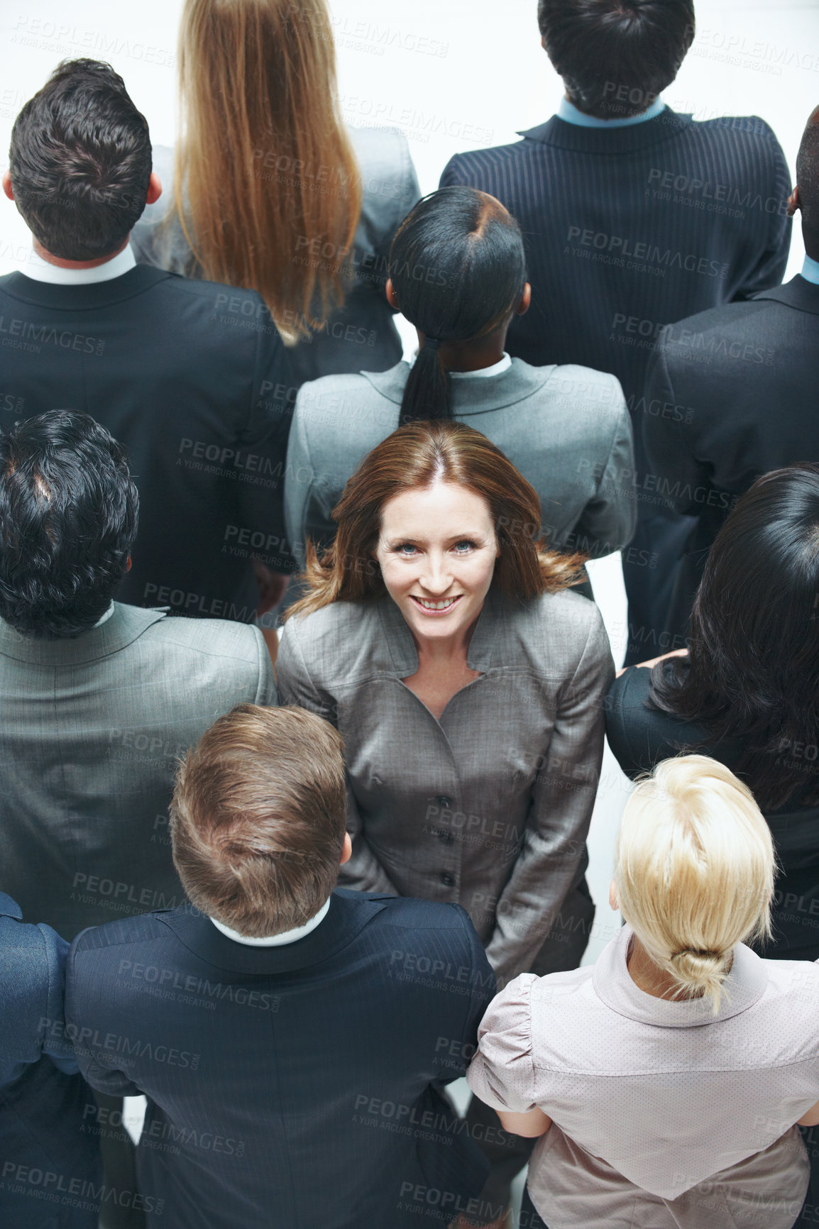 Buy stock photo Corporate, selection and portrait with happy woman in crowd for job opportunity or talent above. Top view, female person or smile in business audience for onboarding pick, recruitment or identity