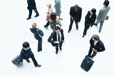 Buy stock photo Travel, businessman and check watch at airport for trip schedule, top view and punctual with crowd. Time, flight or person with urgency, commute and waiting with delay for international journey