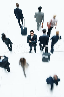 Buy stock photo Arms crossed, motion blur and portrait of business man at airport for networking event, travel or commute. Journey, b2b conference and layover with above of employees in terminus lobby for convention