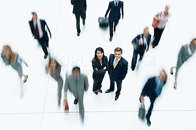Buy stock photo Team, motion blur and portrait of business people at airport for networking event, travel and commute. Journey, b2b conference and layover with above of employees in terminus lobby for convention
