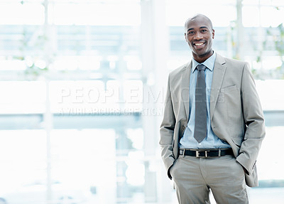 Buy stock photo Portrait, space and business man in office for financial consulting, investment and wealth management. Corporate, happy and African person in lobby with pride, confidence and ambition for career