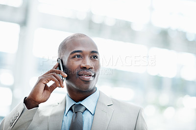Buy stock photo Office, corporate and business man with phone call, discussion and negotiation for investment. Professional, lobby and African person on cellphone for financial advice,  communication and contact