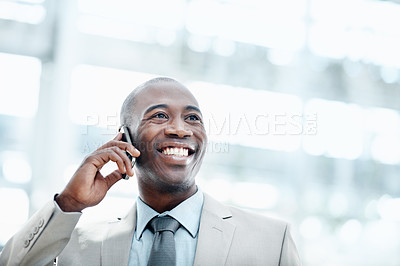 Buy stock photo Office, happy and business man with phone call, discussion and finance negotiation for investment. Space, corporate and African person on cellphone for financial advice,  communication and contact