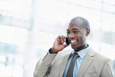 Buy stock photo Phone call, discussion and businessman with smile in office, wealth management and chat with contact. Happy, financial advisor and black person with mobile, space and investment update in business