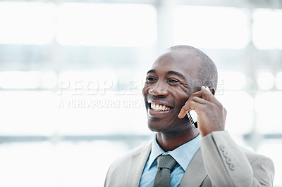 Buy stock photo Lobby, business and black man with phone call, discussion and investment negotiation in office. Corporate, professional and happy person on cellphone for financial advice, communication and contact