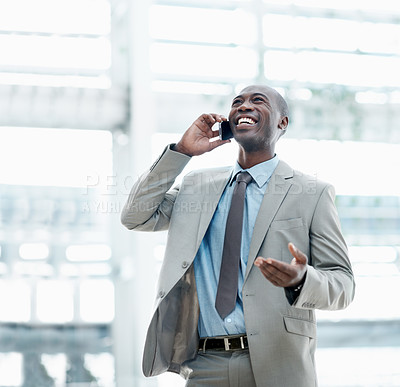 Buy stock photo Laugh, corporate and business man with phone call, discussion and investment advice with joke. Space, lobby and African person on cellphone for financial review,  communication and funny conversation