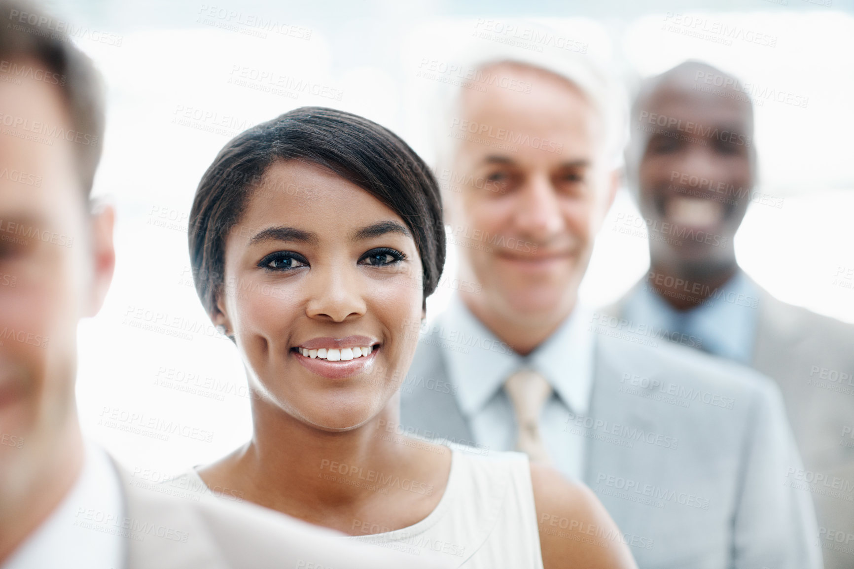 Buy stock photo Row, woman and smile with team in office for legal professional, legislation service and expertise. Lawyers, group and happy portrait in line for corporate law, dispute resolution and about us pride