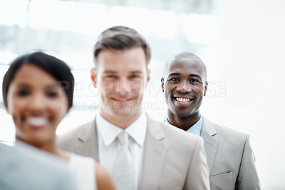 Buy stock photo Row, businessman and portrait with team in office for legal aid, legislation service and expertise. Lawyers, group and happy in line for corporate law, dispute resolution and about us pride at firm
