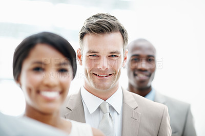 Buy stock photo Row, man and happy with team in office for legal professional, legislation service and expertise. Lawyers, group and confident portrait in line for corporate law, dispute resolution or about us pride