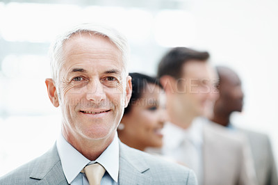 Buy stock photo Manager, portrait and business man in lobby for about us, pride and confidence at investment agency. Corporate, office and mature person with team for finance career, ambition and job opportunity