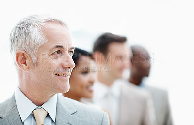 Buy stock photo Happy, businessman and thinking with team in office, contemplating and attorney with legal decision. Corporate, lawyer and mature person with colleagues, reflection and planning for case in law firm